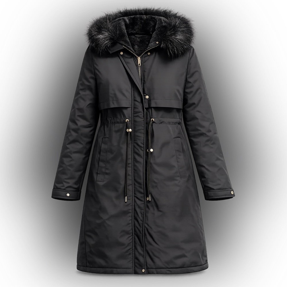 Black Hooded Fur Trim Puffer Parka Coat US M NWT Statement Casual Luxury